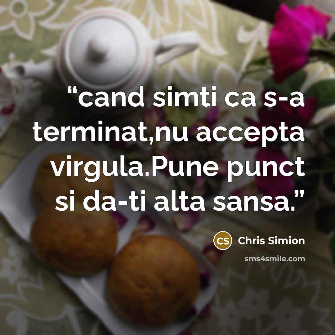 “cand simti ca s-a terminat,nu accepta virgula.Pune punct si da-ti alta sansa.” quote by Chris Simion