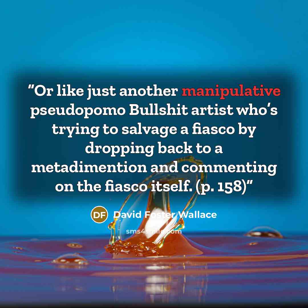 “Or like just another manipulative pseudopomo Bullshit artist who’s trying to salvage a fiasco by dropping back to a metadimention and commenting on the fiasco itself. (p. 158)” quote by David Foster Wallace