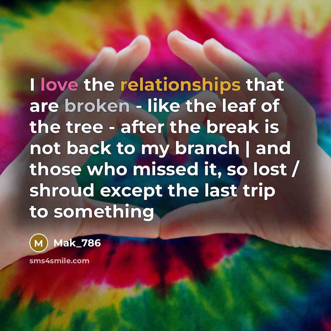 “I love the relationships that are broken - like the leaf of the tree - after the break is not back to my branch | and those who missed it, so lost / shroud except the last trip to something” quote by Mak_786
