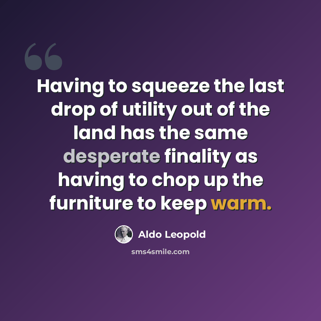 “Having to squeeze the last drop of utility out of the land has the same desperate finality as having to chop up the furniture to keep warm.” quote by Aldo Leopold
