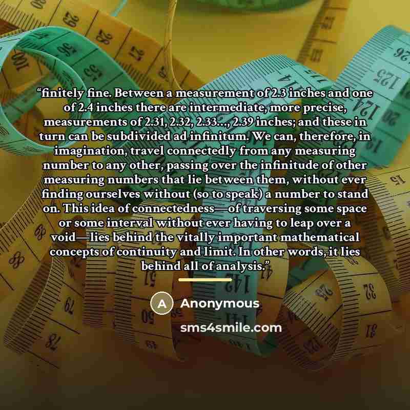 “finitely fine. Between a measurement of 2.3 inches and one of 2.4 inches there are intermediate, more precise, measurements of 2.31, 2.32, 2.33…, 2.39 inches; and these in turn can be subdivided ad infinitum. We can, therefore, in imagination, travel connectedly from any measuring number to any…” quote by Anonymous
