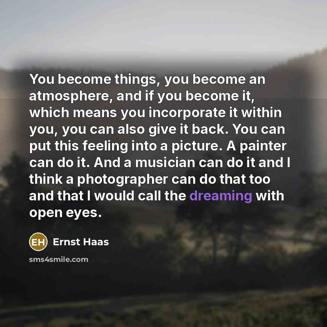 “You become things, you become an atmosphere, and if you become it, which means you incorporate it within you, you can also give it back. You can put this feeling into a picture. A painter can do it. And a musician can do it and I think a photographer can do that too and that I would call the…” quote by Ernst Haas