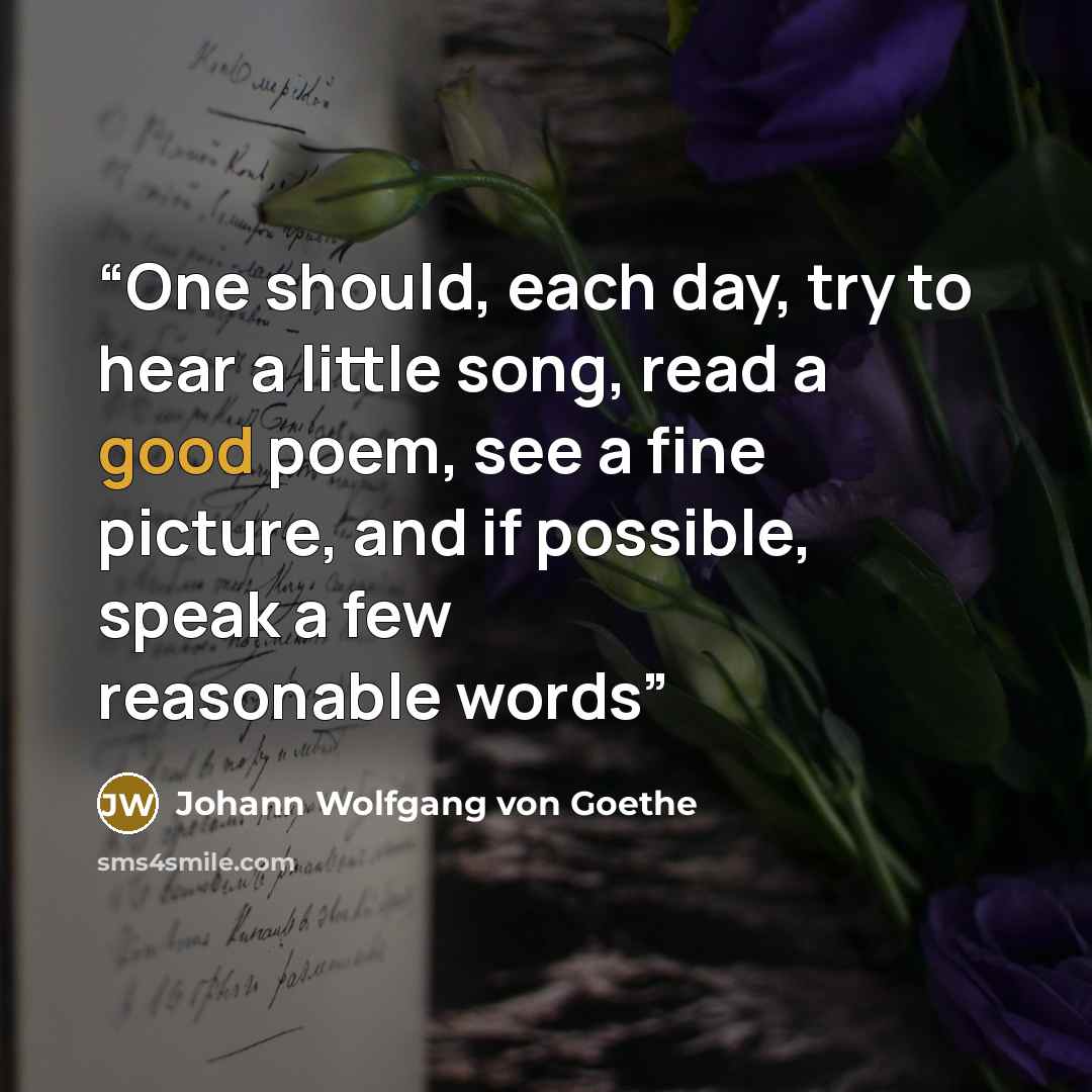 “One should, each day, try to hear a little song, read a good poem, see a fine picture, and if possible, speak a few reasonable words” quote by Johann Wolfgang von Goethe