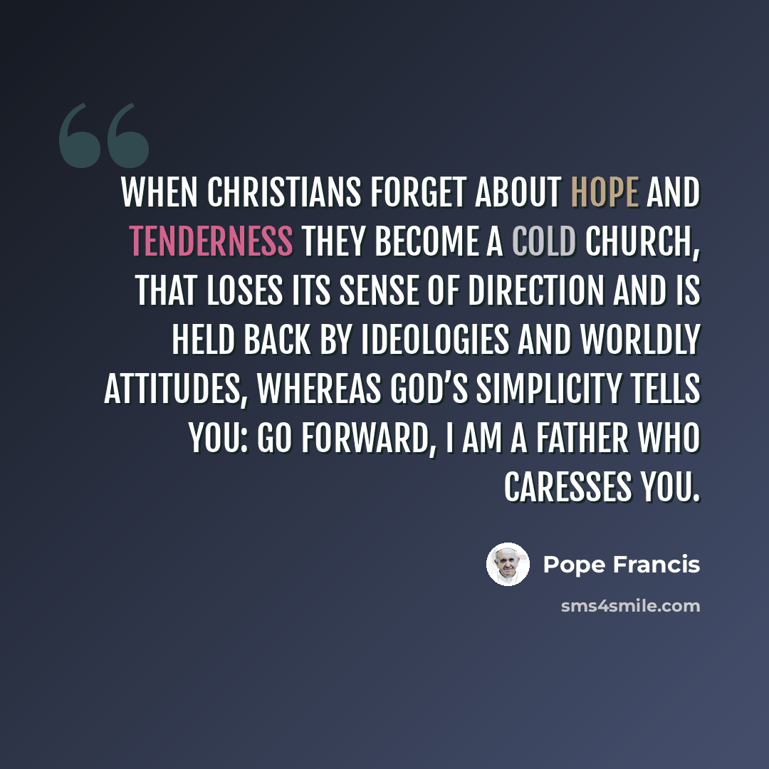 “When Christians forget about hope and tenderness they become a cold Church, that loses its sense of direction and is held back by ideologies and worldly attitudes, whereas God’s simplicity tells you: go forward, I am a Father who caresses you.” quote by Pope Francis