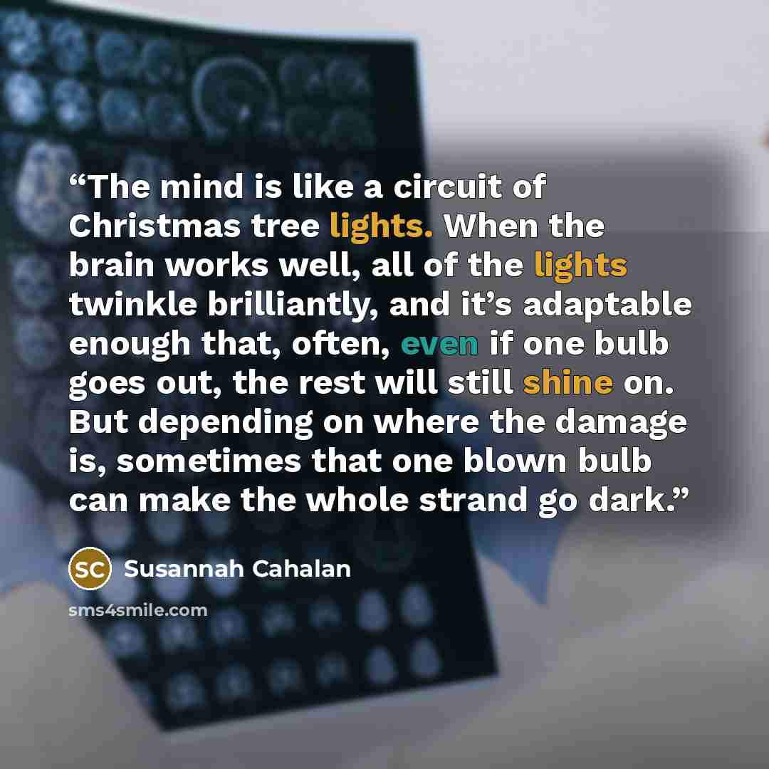 “The mind is like a circuit of Christmas tree lights. When the brain works well, all of the lights twinkle brilliantly, and it’s adaptable enough that, often, even if one bulb goes out, the rest will still shine on. But depending on where the damage is, sometimes that one blown bulb can make the…” quote by Susannah Cahalan
