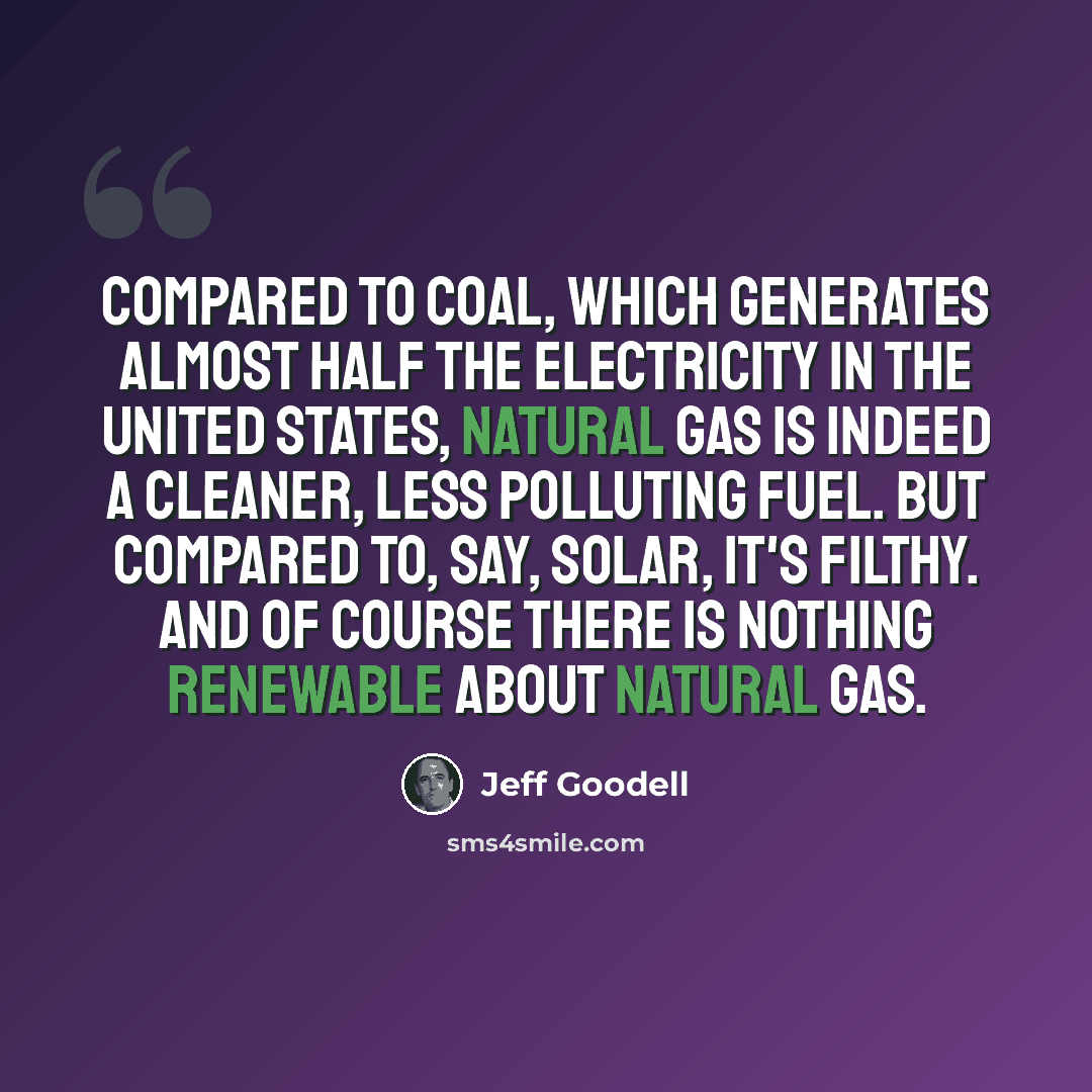 “Compared to coal, which generates almost half the electricity in the United States, natural gas is indeed a cleaner, less polluting fuel. But compared to, say, solar, it's filthy. And of course there is nothing renewable about natural gas.” quote by Jeff Goodell