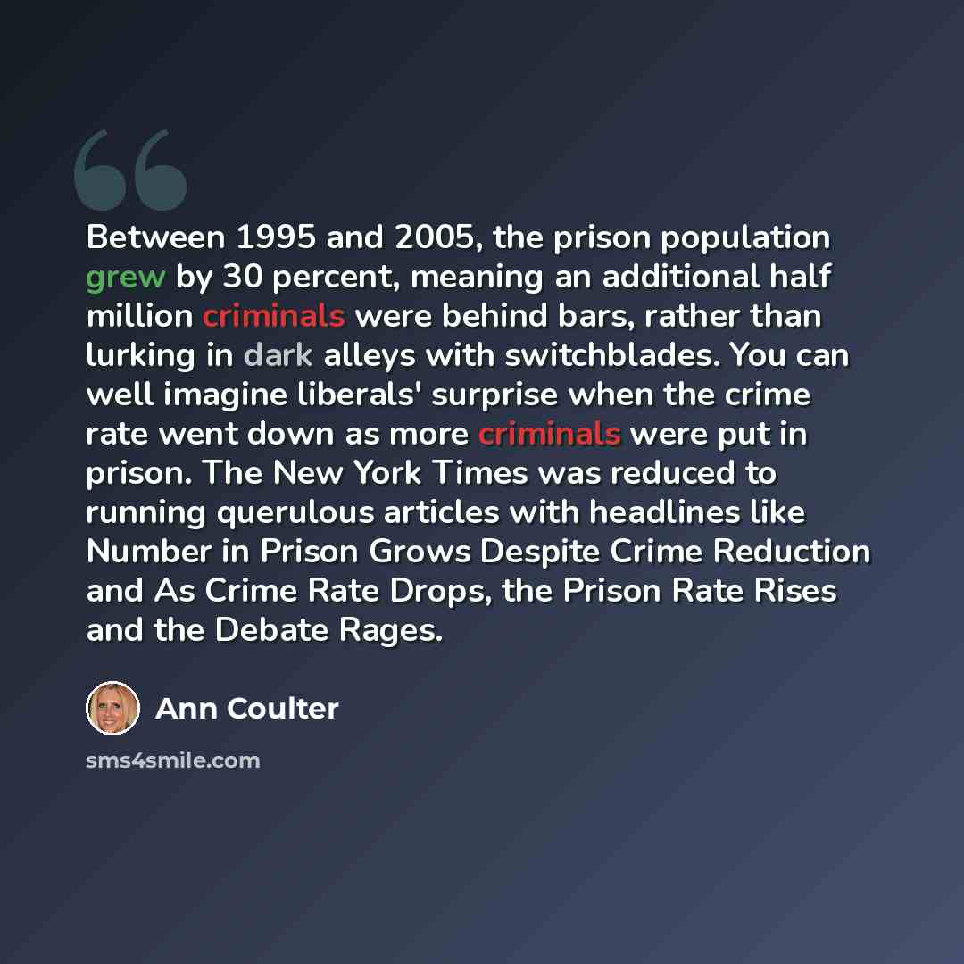 “Between 1995 and 2005, the prison population grew by 30 percent, meaning an additional half million criminals were behind bars, rather than lurking in dark alleys with switchblades. You can well imagine liberals' surprise when the crime rate went down as more criminals were put in prison. The New…” quote by Ann Coulter