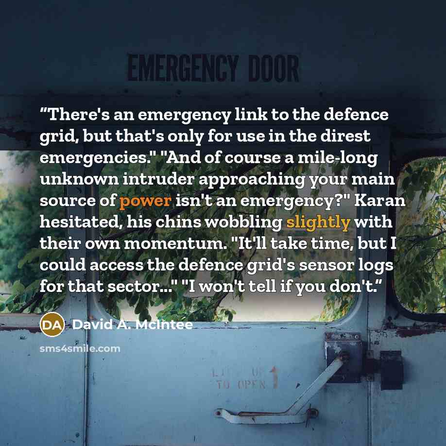 “There's an emergency link to the defence grid, but that's only for use in the direst emergencies." "And of course a mile-long unknown intruder approaching your main source of power isn't an emergency?" Karan hesitated, his chins wobbling slightly with their own momentum. "It'll take time, but I…” quote by David A. McIntee