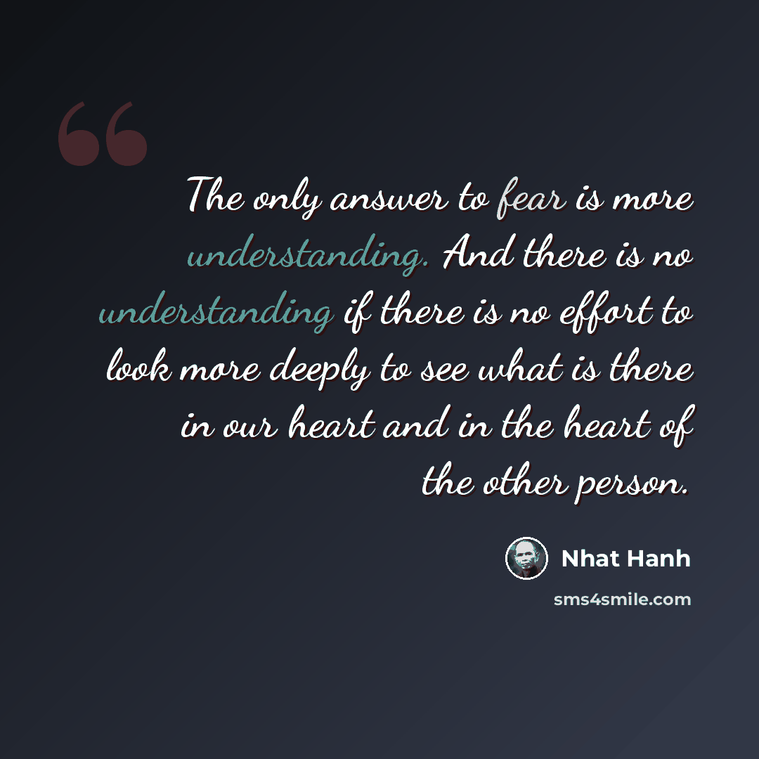 “The only answer to fear is more understanding. And there is no understanding if there is no effort to look more deeply to see what is there in our heart and in the heart of the other person.” quote by Nhat Hanh