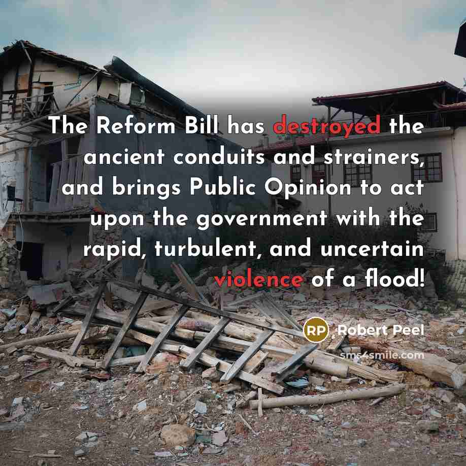 “The Reform Bill has destroyed the ancient conduits and strainers, and brings Public Opinion to act upon the government with the rapid, turbulent, and uncertain violence of a flood!” quote by Robert Peel