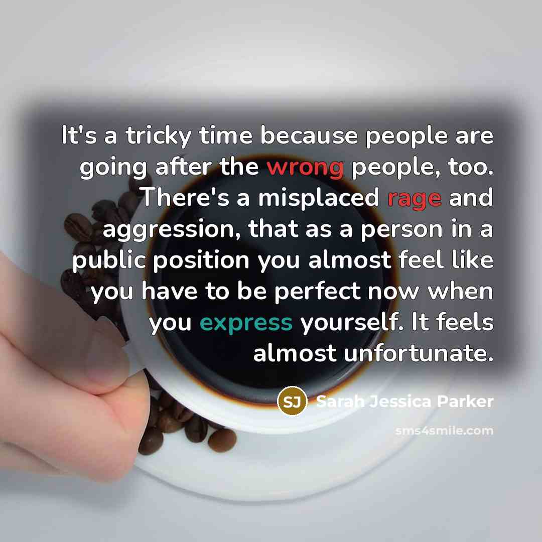 “It's a tricky time because people are going after the wrong people, too. There's a misplaced rage and aggression, that as a person in a public position you almost feel like you have to be perfect now when you express yourself. It feels almost unfortunate.” quote by Sarah Jessica Parker