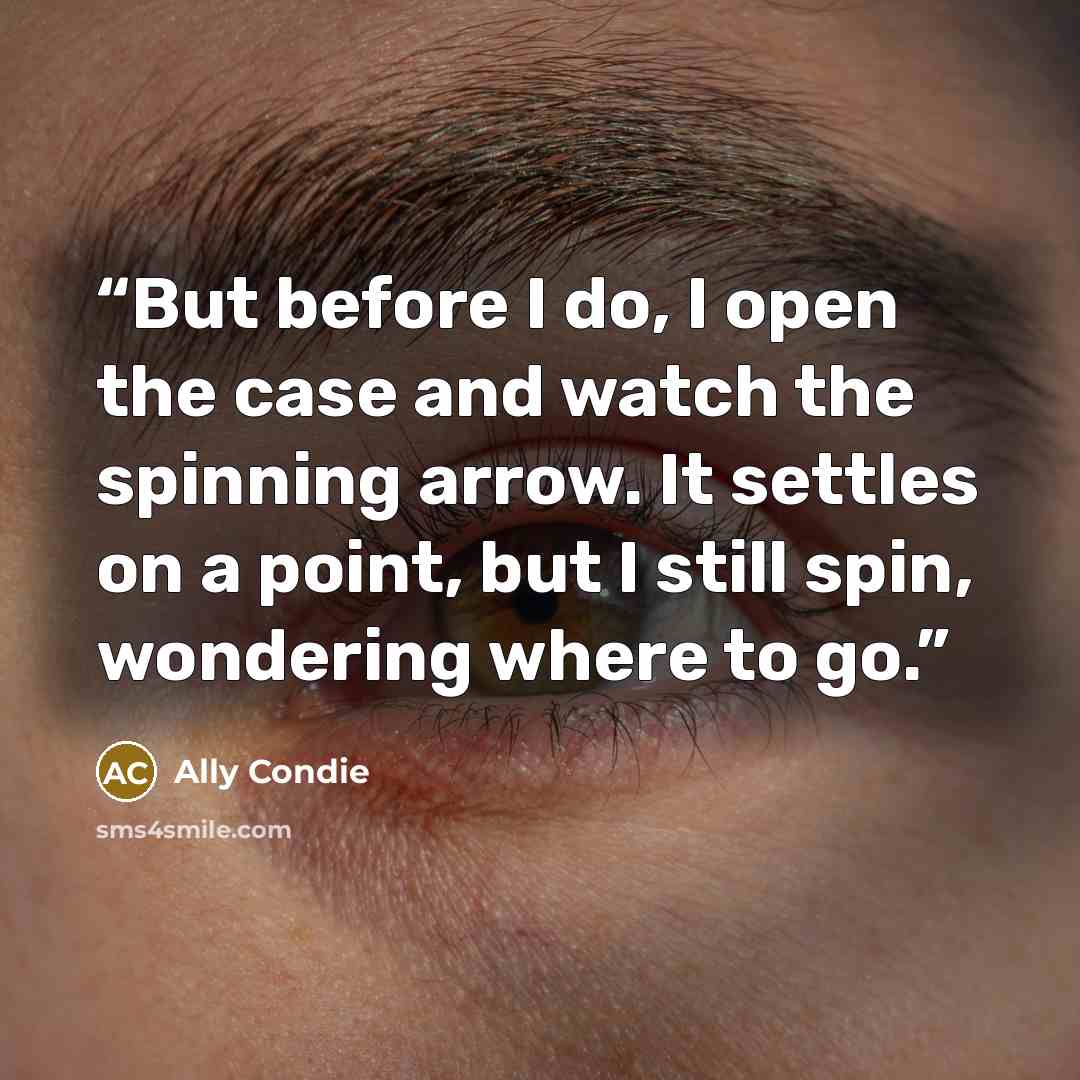“But before I do, I open the case and watch the spinning arrow. It settles on a point, but I still spin, wondering where to go.” quote by Ally Condie