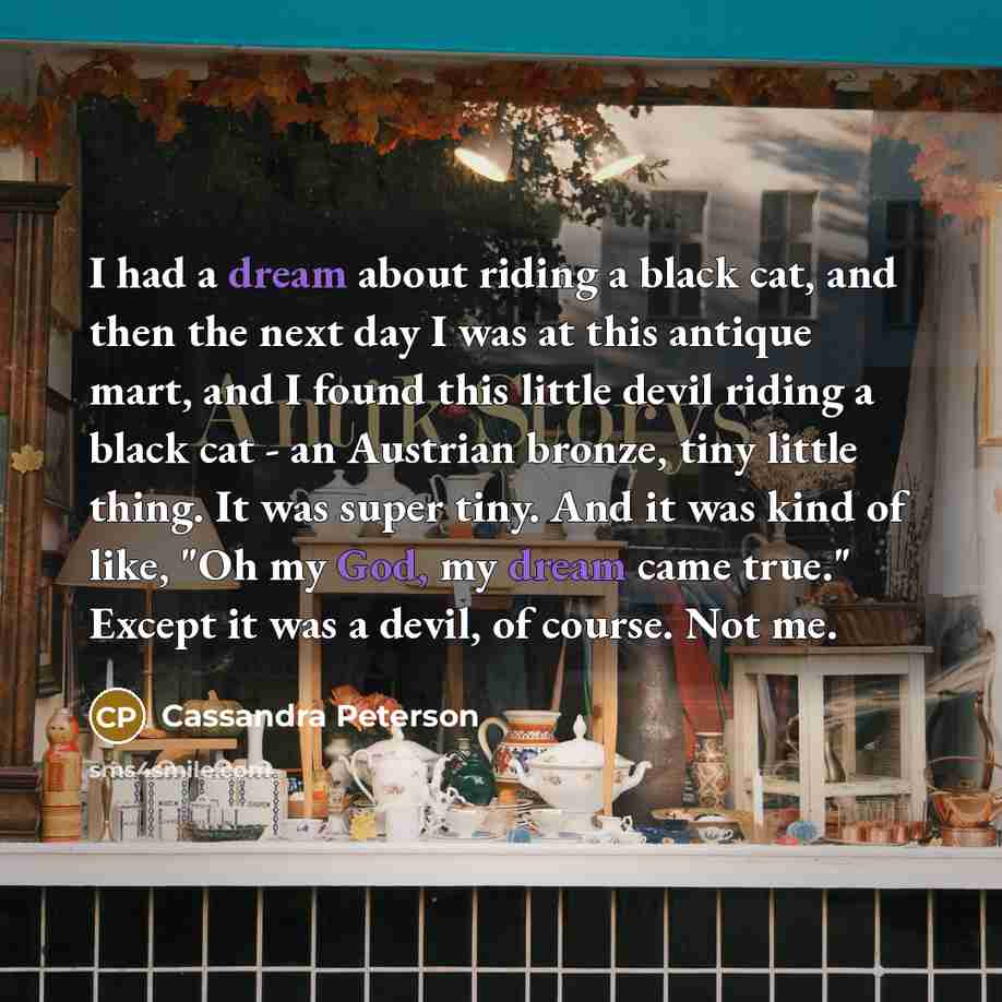 “I had a dream about riding a black cat, and then the next day I was at this antique mart, and I found this little devil riding a black cat - an Austrian bronze, tiny little thing. It was super tiny. And it was kind of like, "Oh my God, my dream came true." Except it was a devil, of course. Not me.” quote by Cassandra Peterson