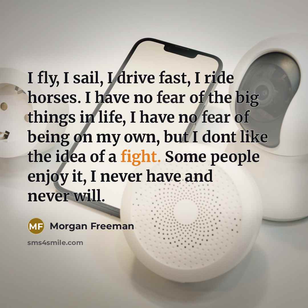 “I fly, I sail, I drive fast, I ride horses. I have no fear of the big things in life, I have no fear of being on my own, but I dont like the idea of a fight. Some people enjoy it, I never have and never will.” quote by Morgan Freeman