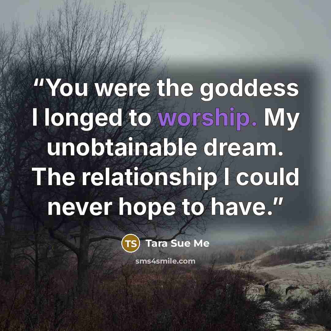 “You were the goddess I longed to worship. My unobtainable dream. The relationship I could never hope to have.” quote by Tara Sue Me