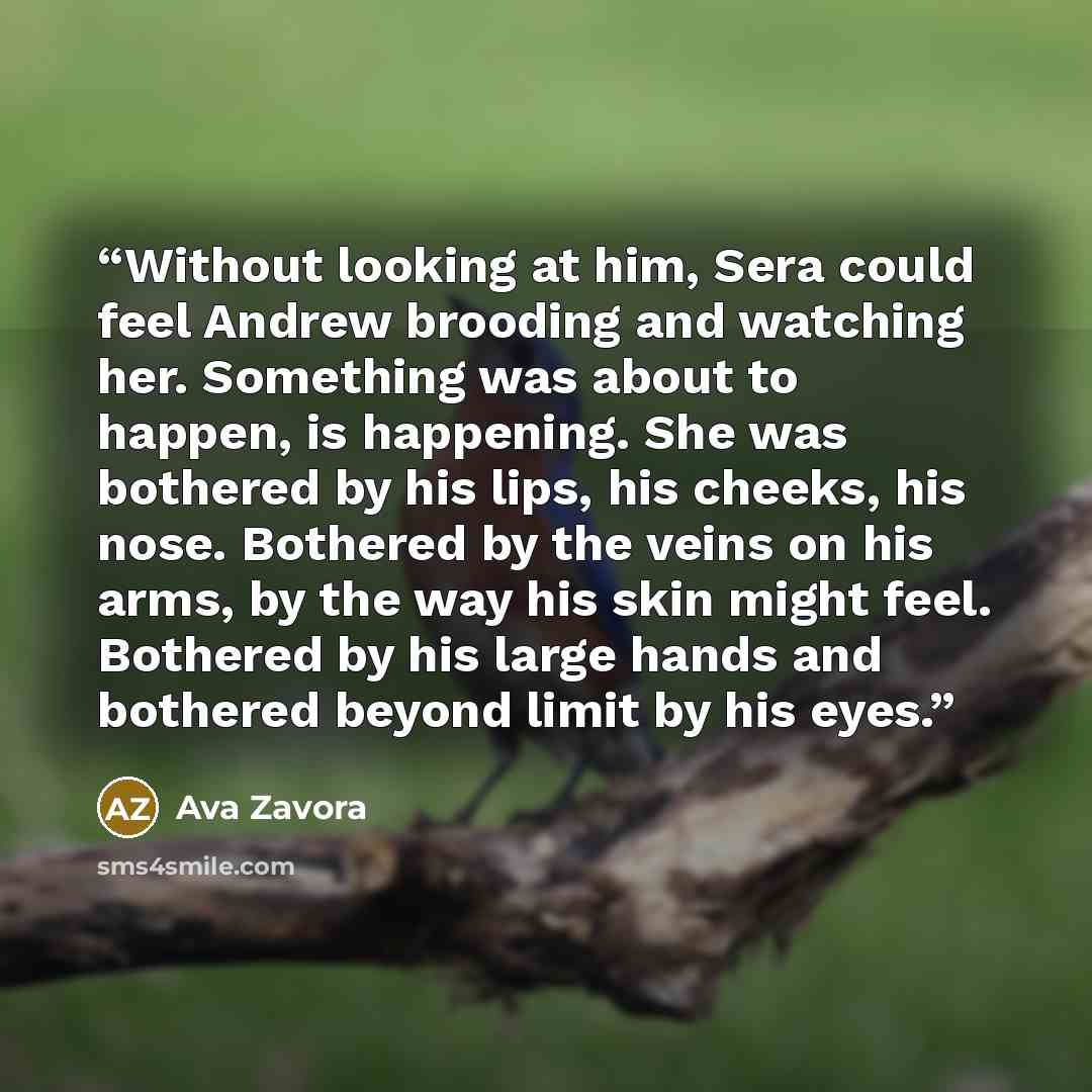 “Without looking at him, Sera could feel Andrew brooding and watching her. Something was about to happen, is happening. She was bothered by his lips, his cheeks, his nose. Bothered by the veins on his arms, by the way his skin might feel. Bothered by his large hands and bothered beyond limit by his…” quote by Ava Zavora