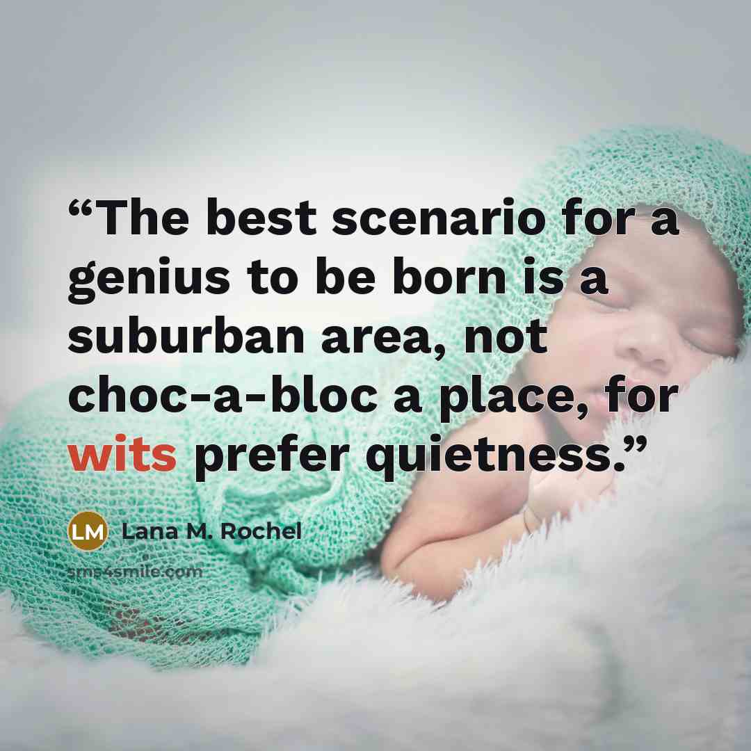 “The best scenario for a genius to be born is a suburban area, not choc-a-bloc a place, for wits prefer quietness.” quote by Lana M. Rochel