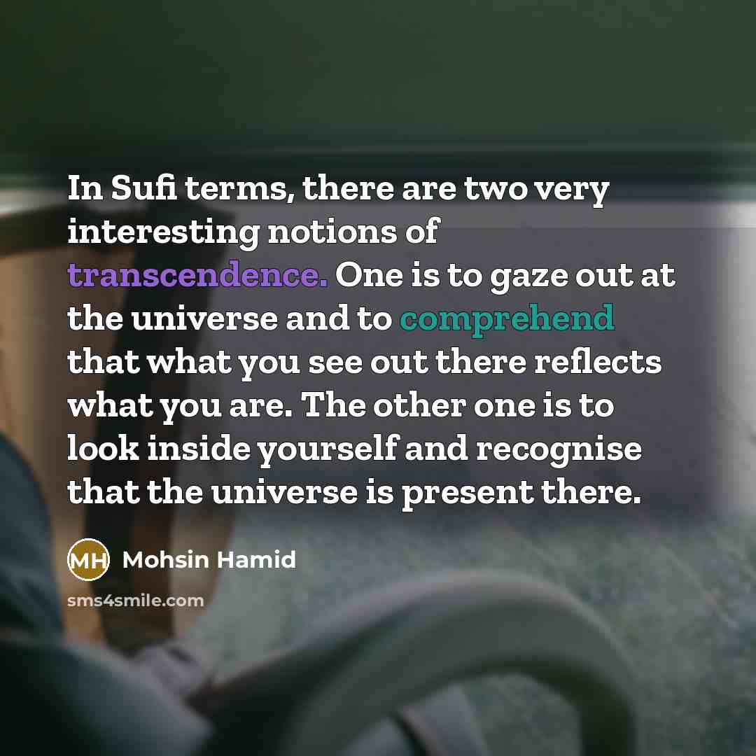 “In Sufi terms, there are two very interesting notions of transcendence. One is to gaze out at the universe and to comprehend that what you see out there reflects what you are. The other one is to look inside yourself and recognise that the universe is present there.” quote by Mohsin Hamid