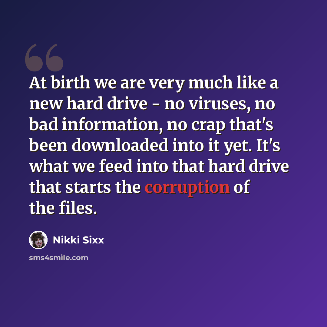 “At birth we are very much like a new hard drive - no viruses, no bad information, no crap that's been downloaded into it yet. It's what we feed into that hard drive that starts the corruption of the files.” quote by Nikki Sixx