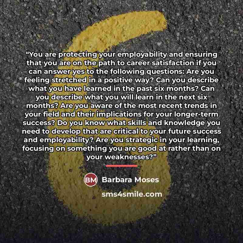 “You are protecting your employability and ensuring that you are on the path to career satisfaction if you can answer yes to the following questions: Are you feeling stretched in a positive way? Can you describe what you have learned in the past six months? Can you describe what you will learn in…” quote by Barbara Moses