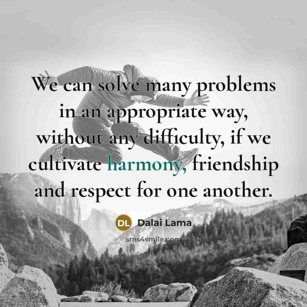 “We can solve many problems in an appropriate way, without any difficulty, if we cultivate harmony, friendship and respect for one another.” quote by Dalai Lama