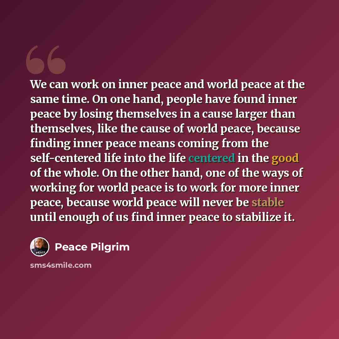 “We can work on inner peace and world peace at the same time. On one hand, people have found inner peace by losing themselves in a cause larger than themselves, like the cause of world peace, because finding inner peace means coming from the self-centered life into the life centered in the good of…” quote by Peace Pilgrim