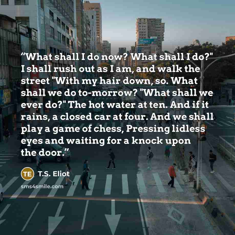 “What shall I do now? What shall I do?" I shall rush out as I am, and walk the street "With my hair down, so. What shall we do to-morrow? "What shall we ever do?" The hot water at ten. And if it rains, a closed car at four. And we shall play a game of chess, Pressing lidless eyes and waiting for a…” quote by T.S. Eliot