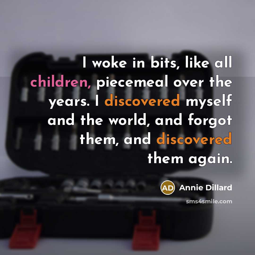 “I woke in bits, like all children, piecemeal over the years. I discovered myself and the world, and forgot them, and discovered them again.” quote by Annie Dillard