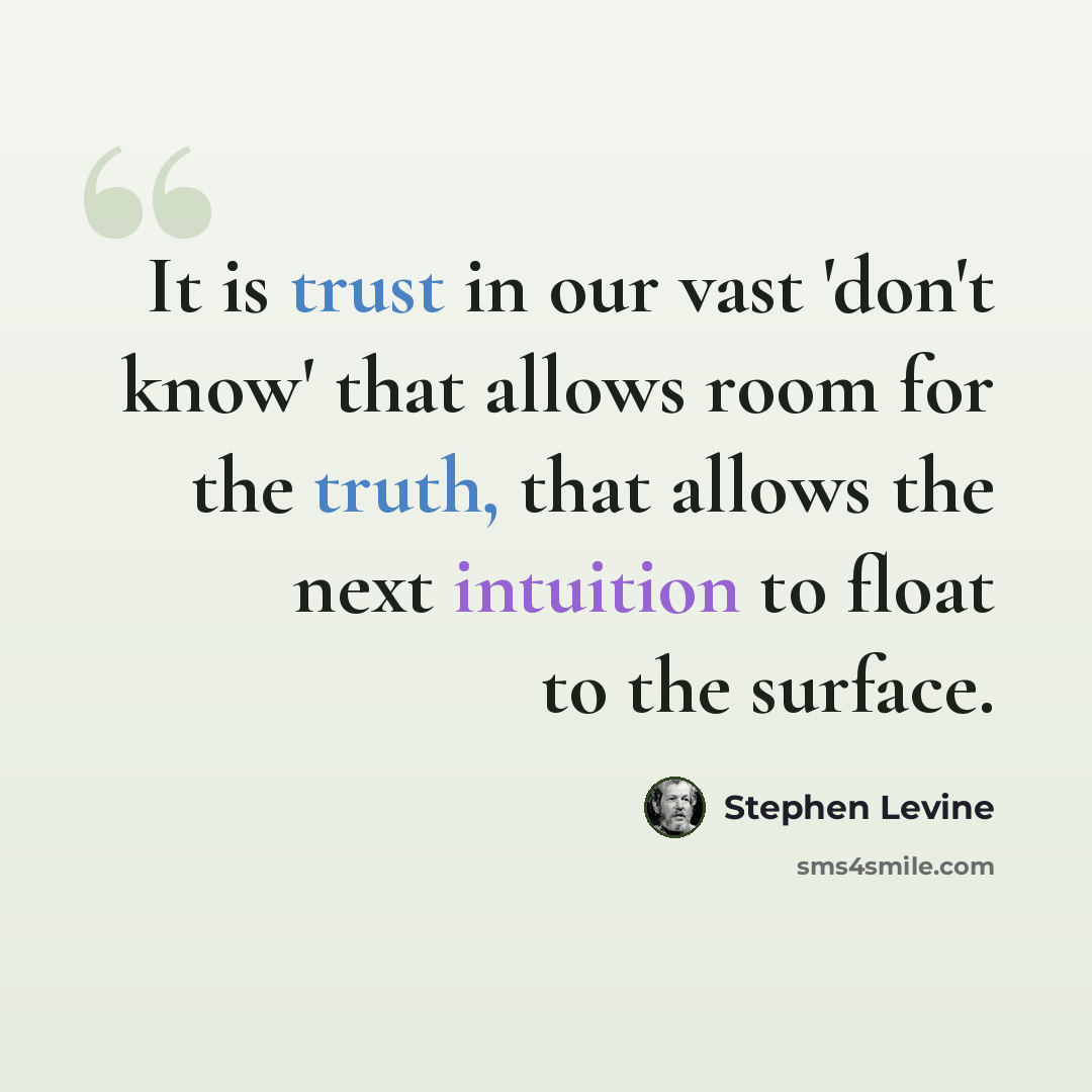 “It is trust in our vast 'don't know' that allows room for the truth, that allows the next intuition to float to the surface.” quote by Stephen Levine