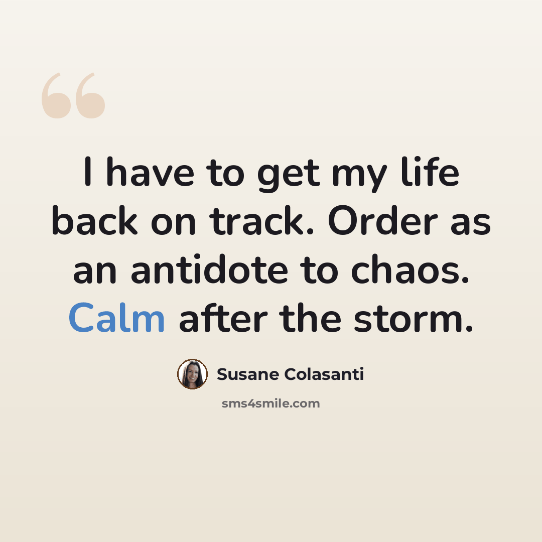 “I have to get my life back on track. Order as an antidote to chaos. Calm after the storm.” quote by Susane Colasanti