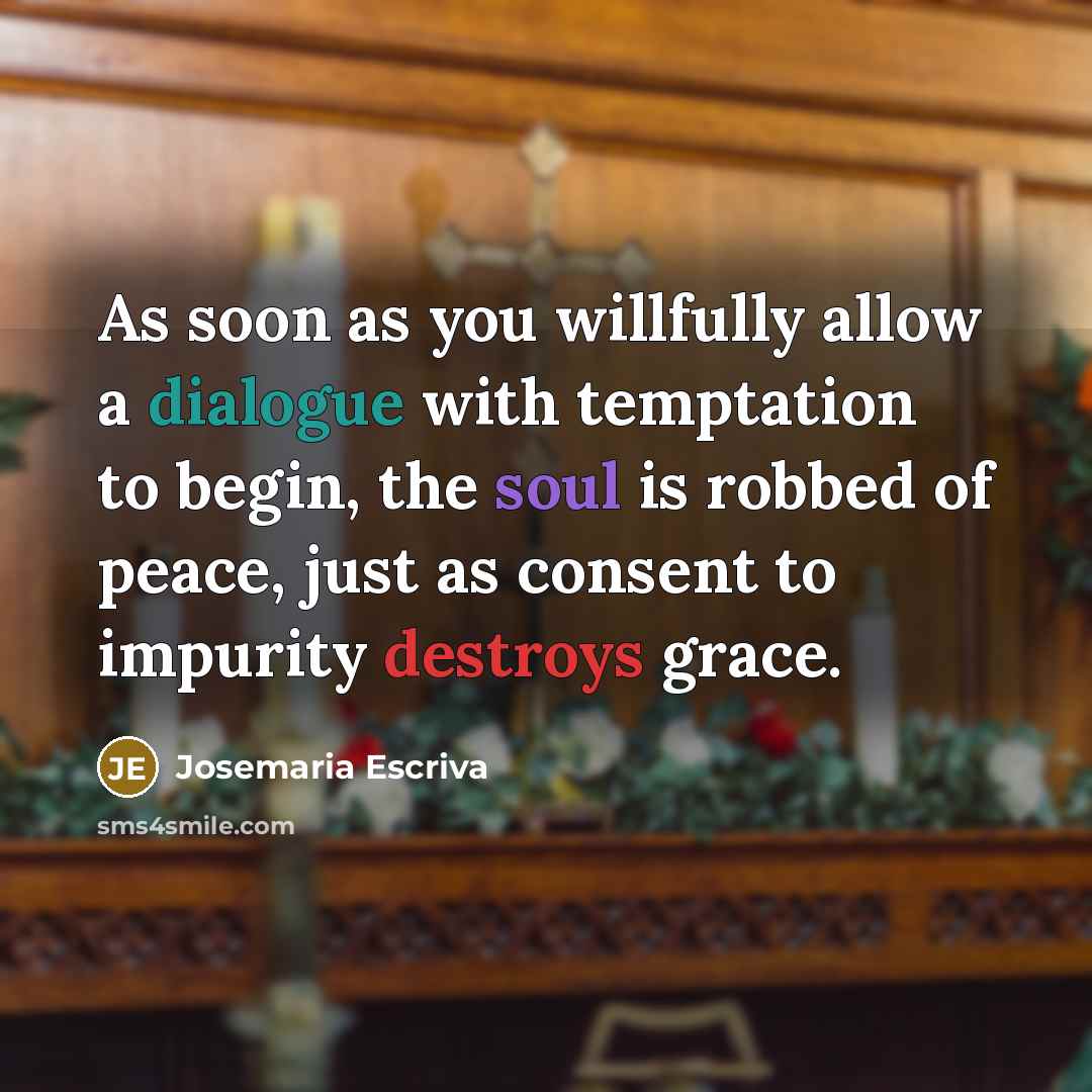 “As soon as you willfully allow a dialogue with temptation to begin, the soul is robbed of peace, just as consent to impurity destroys grace.” quote by Josemaria Escriva