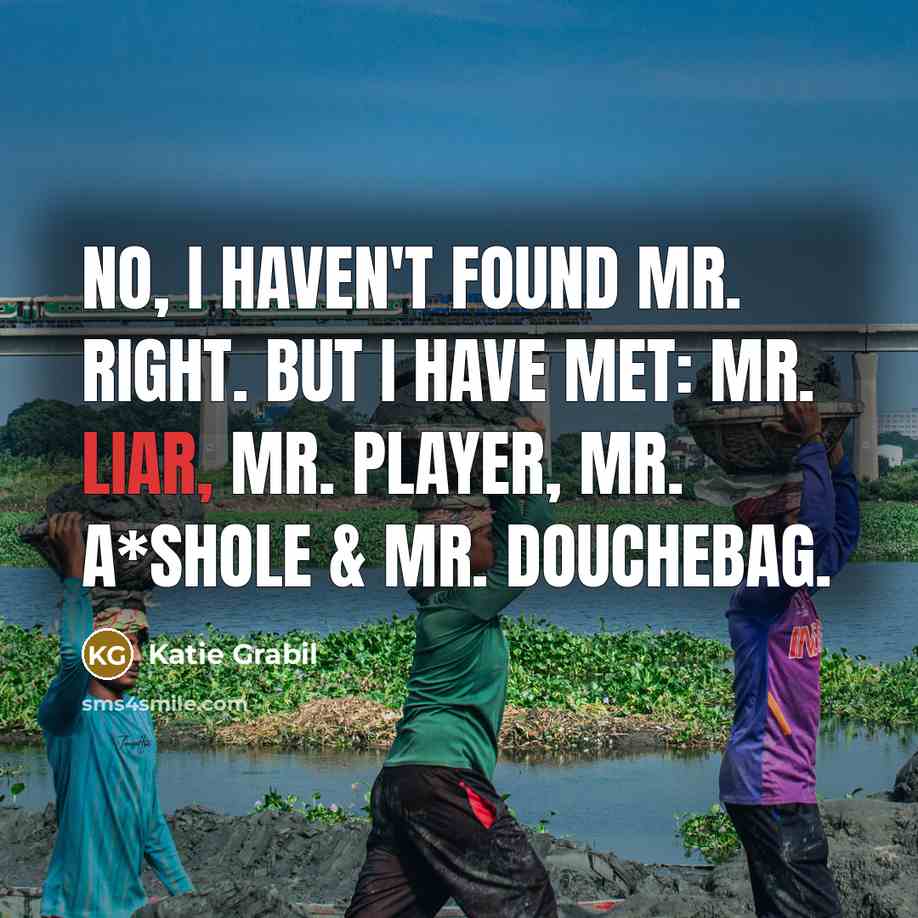 “No, I haven't found Mr. Right. But I have met: Mr. Liar, Mr. Player, Mr. A*shole & Mr. Douchebag.” quote by Katie Grabil