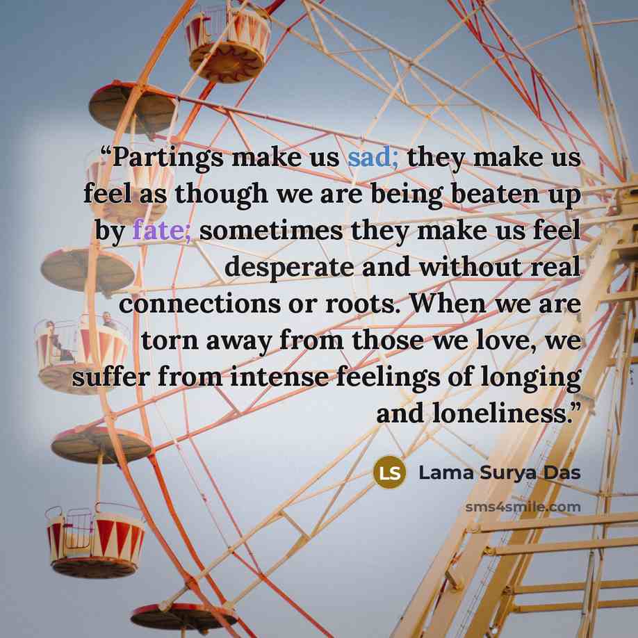 “Partings make us sad; they make us feel as though we are being beaten up by fate; sometimes they make us feel desperate and without real connections or roots. When we are torn away from those we love, we suffer from intense feelings of longing and loneliness.” quote by Lama Surya Das