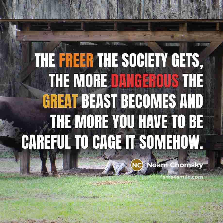 “The freer the society gets, the more dangerous the great beast becomes and the more you have to be careful to cage it somehow.” quote by Noam Chomsky
