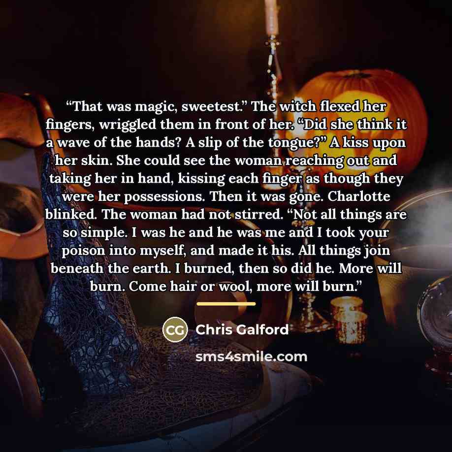 “That was magic, sweetest.” The witch flexed her fingers, wriggled them in front of her. “Did she think it a wave of the hands? A slip of the tongue?” A kiss upon her skin. She could see the woman reaching out and taking her in hand, kissing each finger as though they were her possessions. Then it…” quote by Chris Galford