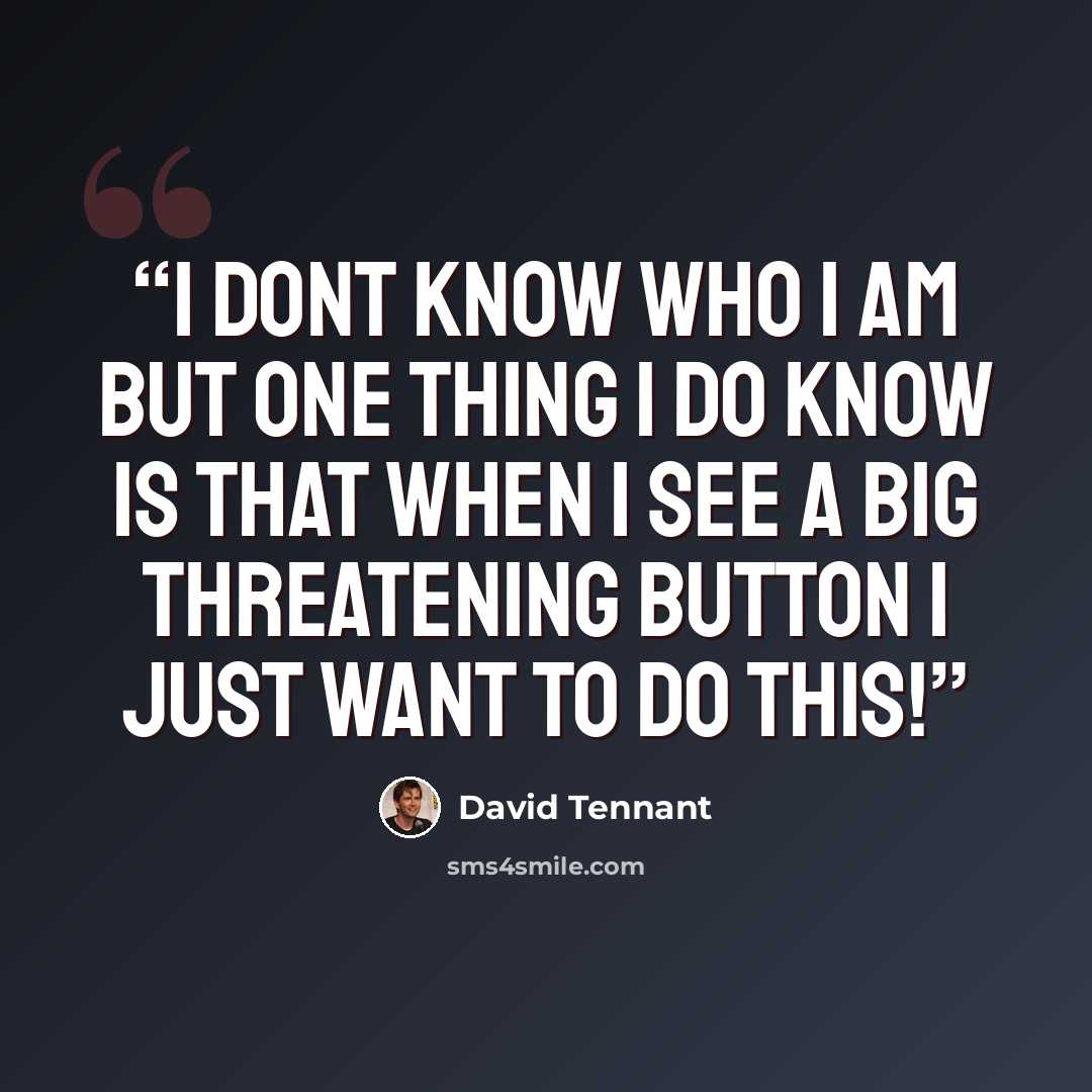 “I dont know who I am but one thing I do know is that when I see a BIG THREATENING BUTTON I just want to do this!” quote by David Tennant