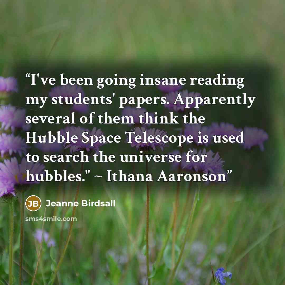 “I've been going insane reading my students' papers. Apparently several of them think the Hubble Space Telescope is used to search the universe for hubbles." ~ Ithana Aaronson” quote by Jeanne Birdsall