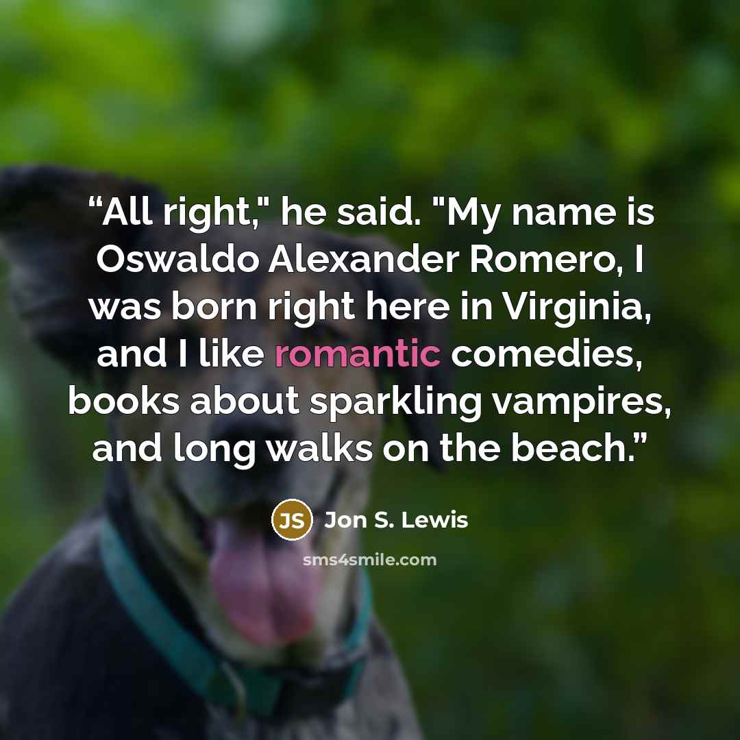 “All right," he said. "My name is Oswaldo Alexander Romero, I was born right here in Virginia, and I like romantic comedies, books about sparkling vampires, and long walks on the beach.” quote by Jon S. Lewis