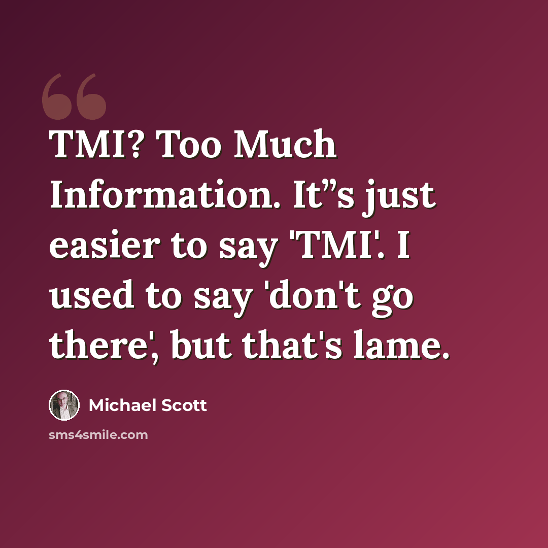 “TMI? Too Much Information. It”s just easier to say 'TMI'. I used to say 'don't go there', but that's lame.” quote by Michael Scott