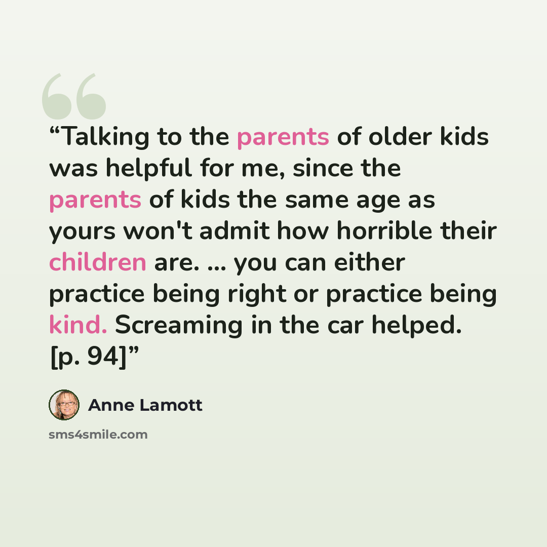 “Talking to the parents of older kids was helpful for me, since the parents of kids the same age as yours won't admit how horrible their children are. ... you can either practice being right or practice being kind. Screaming in the car helped. [p. 94]” quote by Anne Lamott