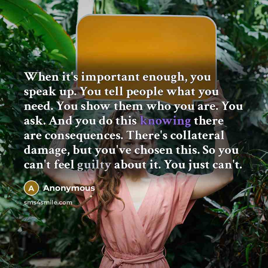 “When it's important enough, you speak up. You tell people what you need. You show them who you are. You ask. And you do this knowing there are consequences. There's collateral damage, but you've chosen this. So you can't feel guilty about it. You just can't.” quote by Anonymous