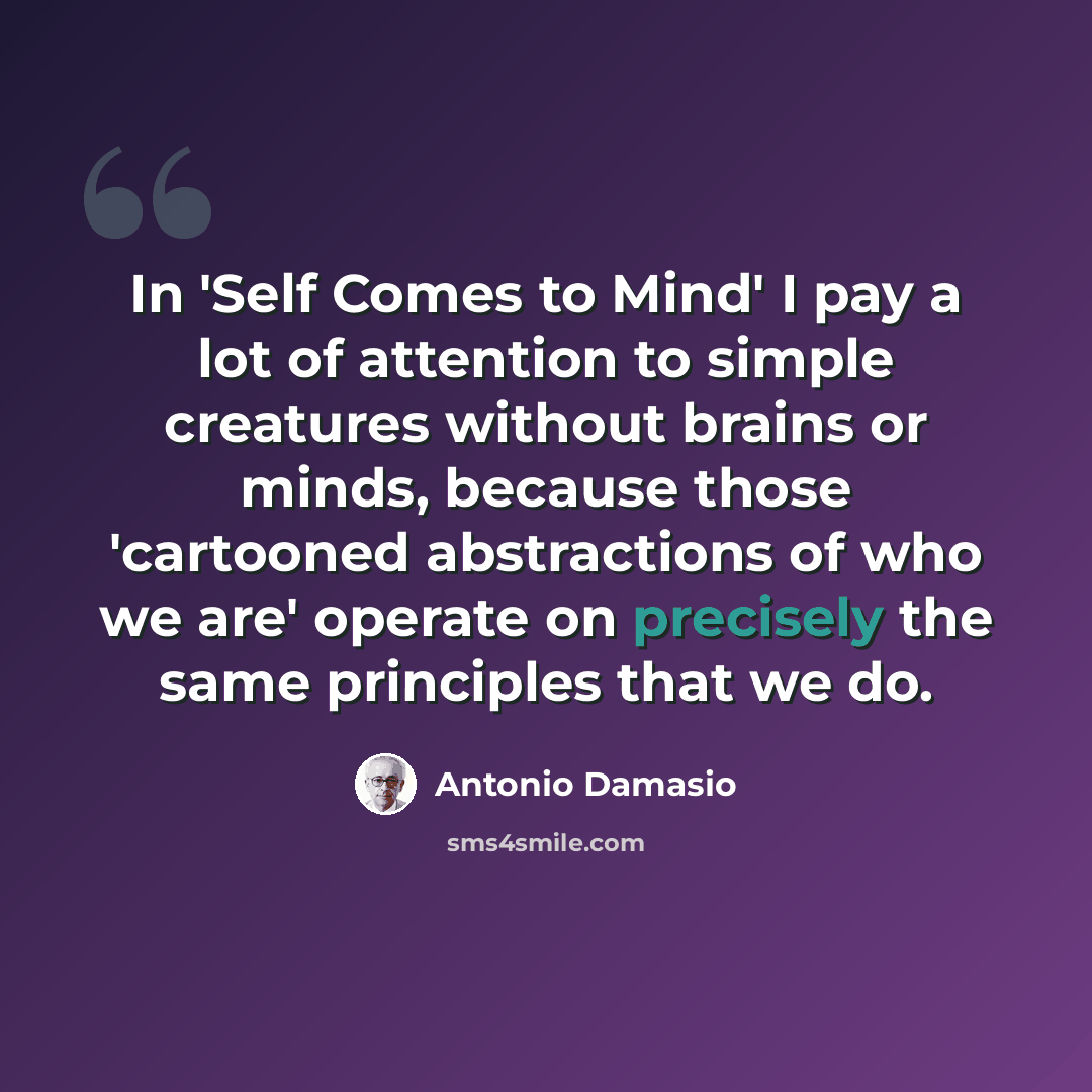 “In 'Self Comes to Mind' I pay a lot of attention to simple creatures without brains or minds, because those 'cartooned abstractions of who we are' operate on precisely the same principles that we do.” quote by Antonio Damasio