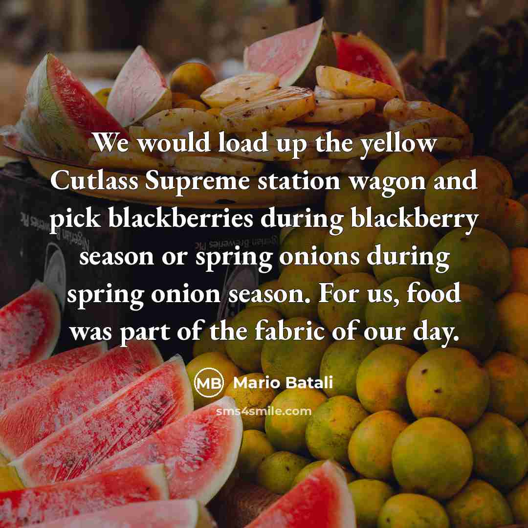 “We would load up the yellow Cutlass Supreme station wagon and pick blackberries during blackberry season or spring onions during spring onion season. For us, food was part of the fabric of our day.” quote by Mario Batali