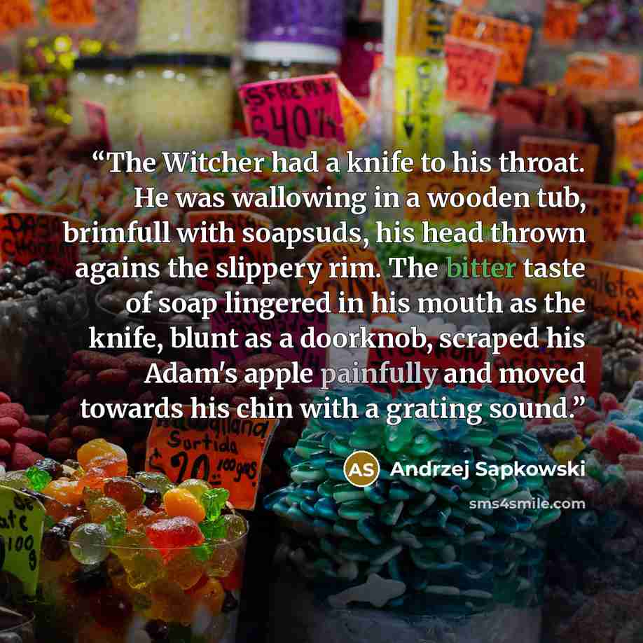 “The Witcher had a knife to his throat. He was wallowing in a wooden tub, brimfull with soapsuds, his head thrown agains the slippery rim. The bitter taste of soap lingered in his mouth as the knife, blunt as a doorknob, scraped his Adam's apple painfully and moved towards his chin with a grating…” quote by Andrzej Sapkowski