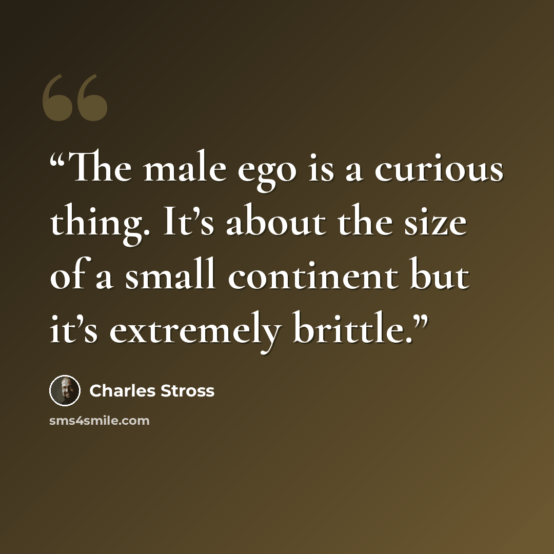 “The male ego is a curious thing. It’s about the size of a small continent but it’s extremely brittle.” quote by Charles Stross