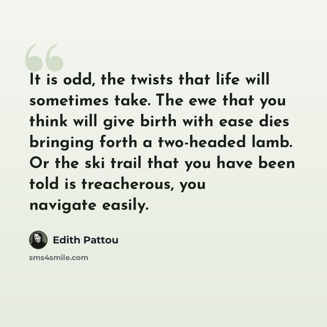 “It is odd, the twists that life will sometimes take. The ewe that you think will give birth with ease dies bringing forth a two-headed lamb. Or the ski trail that you have been told is treacherous, you navigate easily.” quote by Edith Pattou