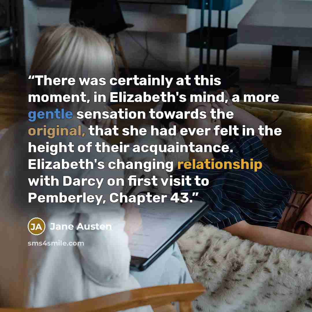 “There was certainly at this moment, in Elizabeth's mind, a more gentle sensation towards the original, that she had ever felt in the height of their acquaintance. Elizabeth's changing relationship with Darcy on first visit to Pemberley, Chapter 43.” quote by Jane Austen