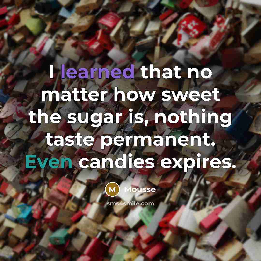 “I learned that no matter how sweet the sugar is, nothing taste permanent. Even candies expires.” quote by Mousse