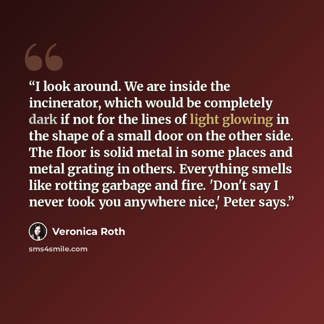 “I look around. We are inside the incinerator, which would be completely dark if not for the lines of light glowing in the shape of a small door on the other side. The floor is solid metal in some places and metal grating in others. Everything smells like rotting garbage and fire. 'Don't say I…” quote by Veronica Roth