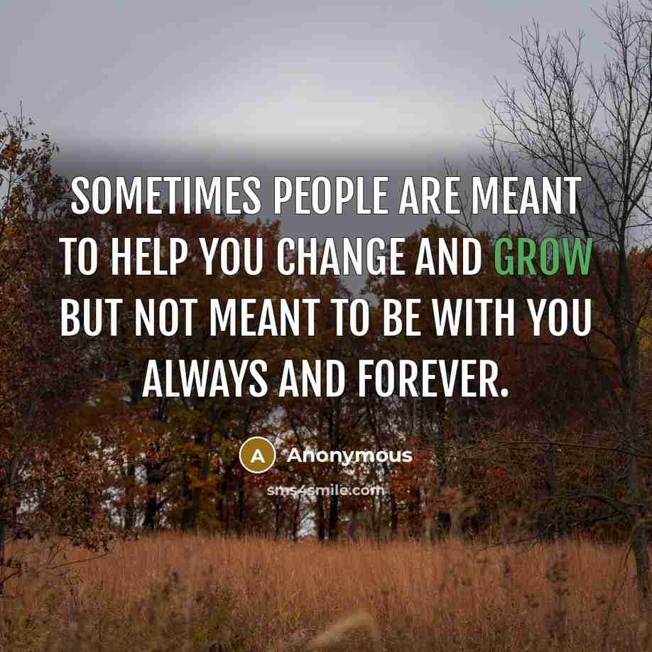 “Sometimes people are meant to help you change and grow but not meant to be with you always and forever.” quote by Anonymous